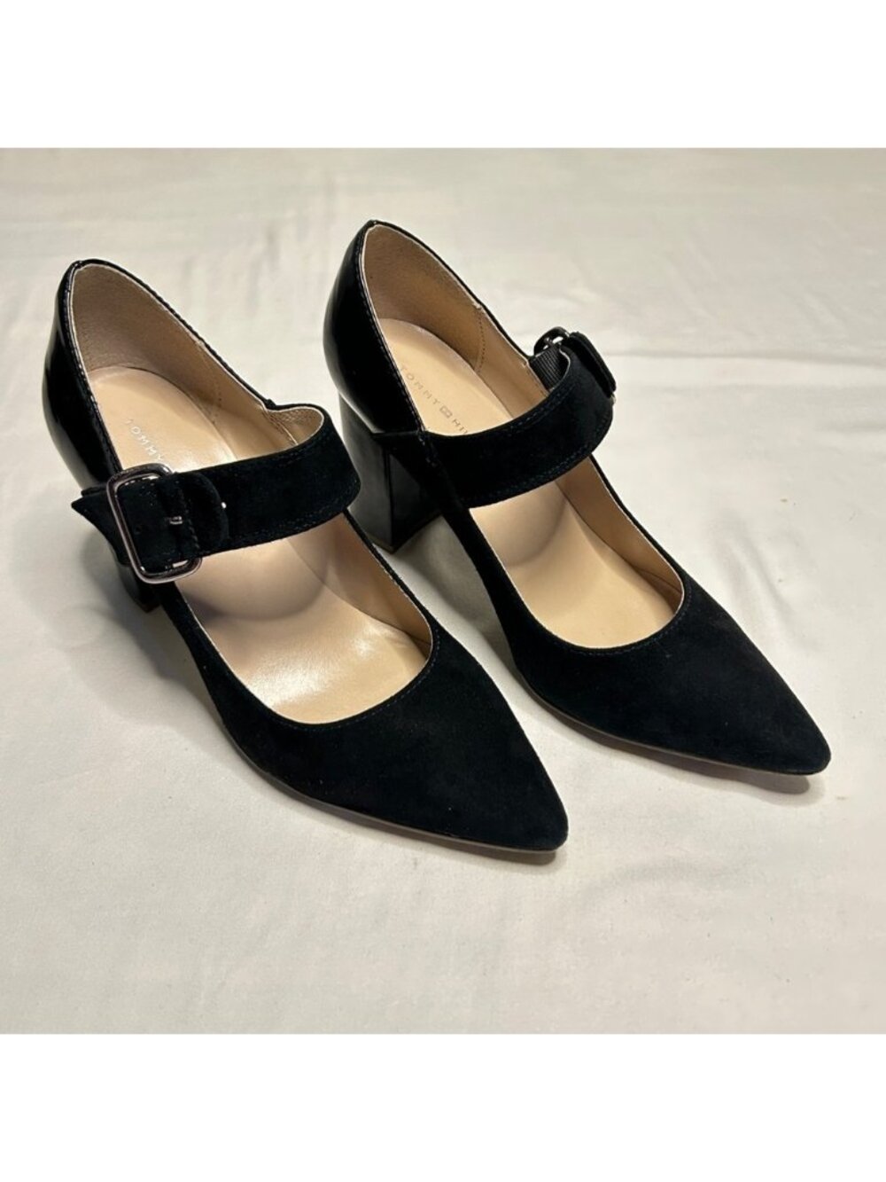 Tommy Hilfiger Block Heel Pump Size 6.5M Black Suede Mary Jane Adjustable Strap